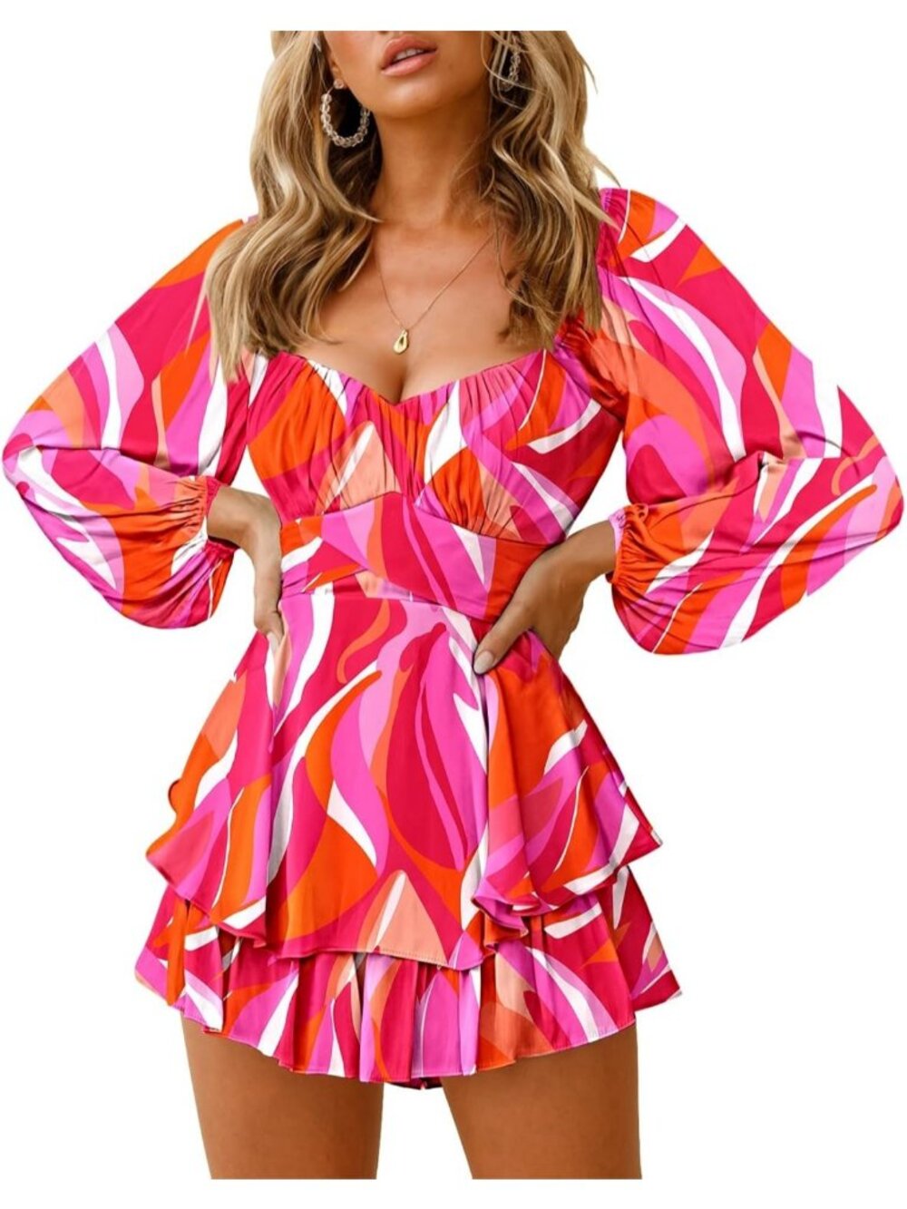 Women's Print Pink Off Shoulder Lantern Long Sleeve Ruffle Tie Mini Short Romper